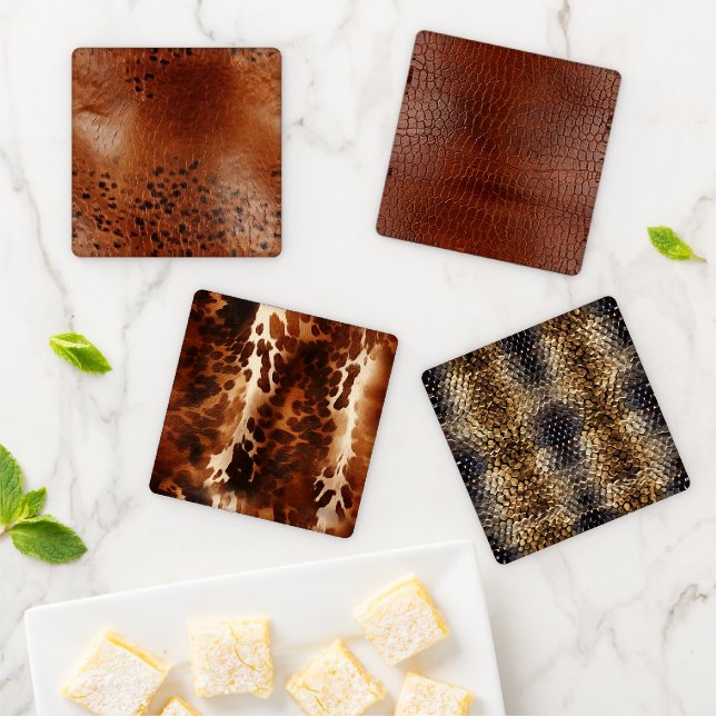 Brown Cowhide Snake Animal Print Coaster Set (In Situ)