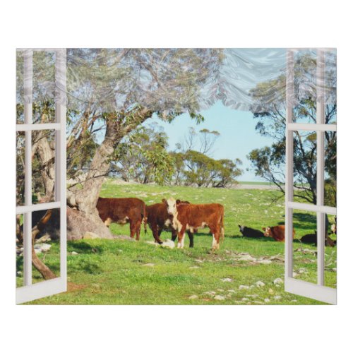 Brown Cows In My Window  Faux Canvas Print