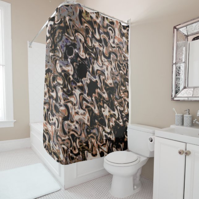Brown, Cream and Black Abstract Reptilian Pattern Shower Curtain (In Situ)