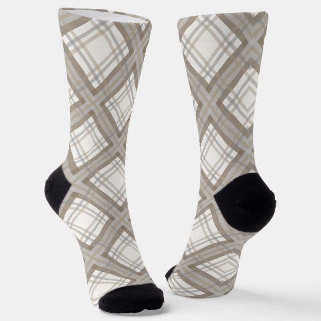 Brown Cream and Gray Plaid Unisex Socks (Angled)