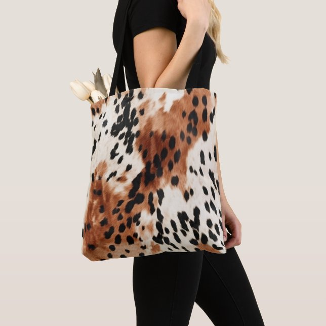 Brown Cream Animal Cowhide Tote Bag (Close Up)