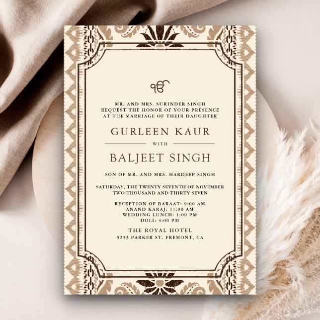 Brown Cream Beige Ikat Anand Karaj Sikh Wedding Invitation (Creator Uploaded)