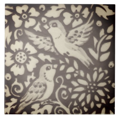 Brown Cream Bird Floral Foliage Woodland Decor Ceramic Tile
