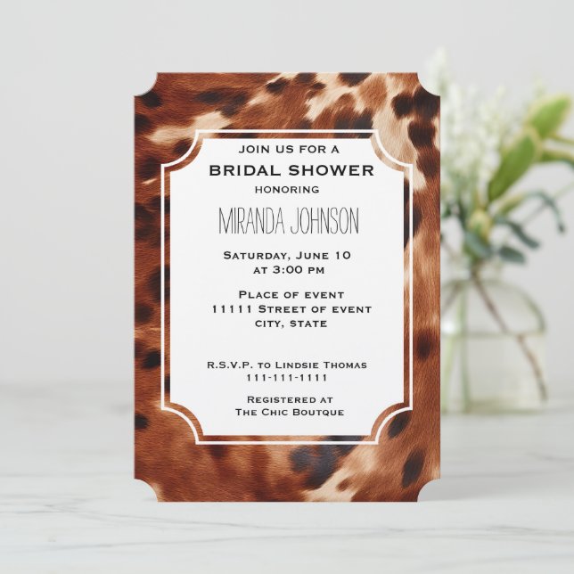 Brown Cream Black Cowhide Bridal Shower Invitation (Standing Front)