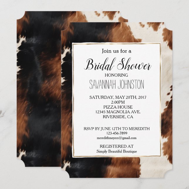 Brown Cream Black Southwest Cowgirl Cowhide Invitation (Front/Back)