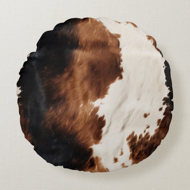 Brown Cream Black Southwest Cowhide Round Pillow (Front)