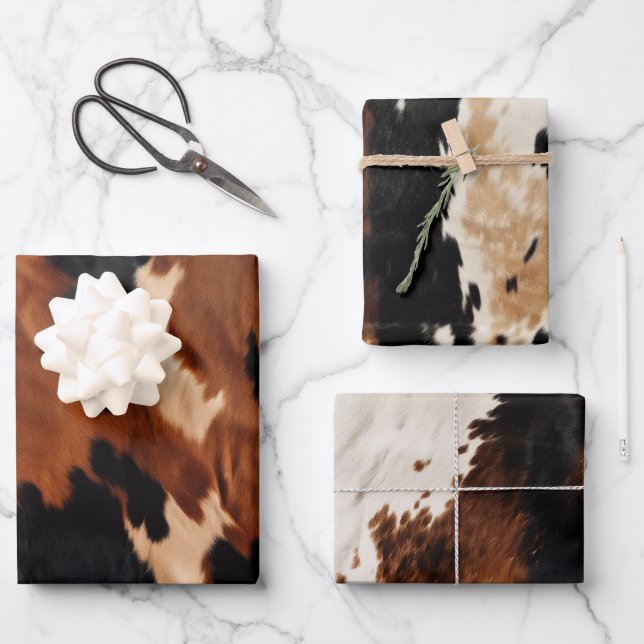 Brown Cream Black Southwest Cowhide Wrapping Paper Sheets (Front)