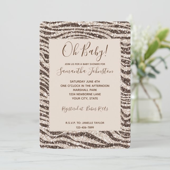 Brown Cream Blush Zebra Glitter Baby Shower Invitation (Standing Front)