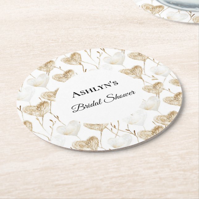 Brown Cream Boho Hearts Bridal Shower Round Paper Coaster (Angled)