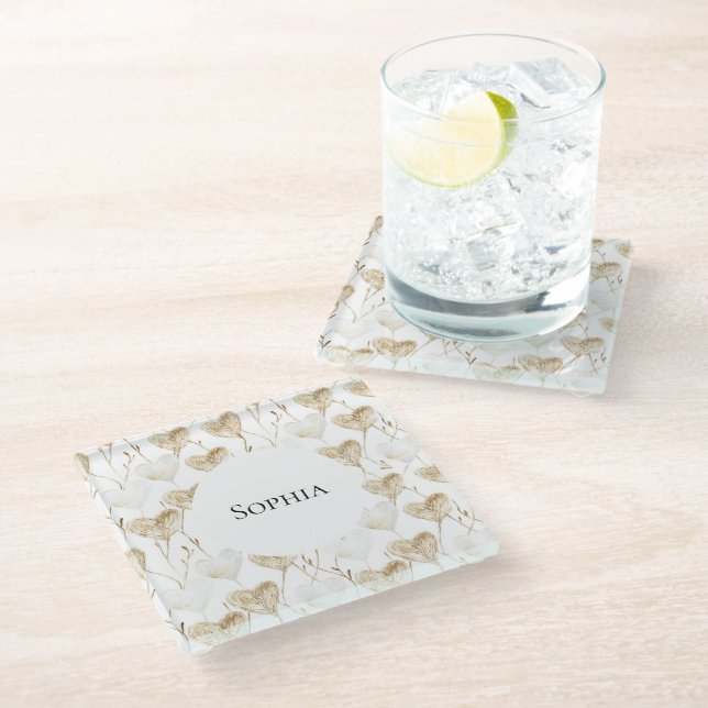 Brown Cream Boho Hearts   Glass Coaster (Angled)