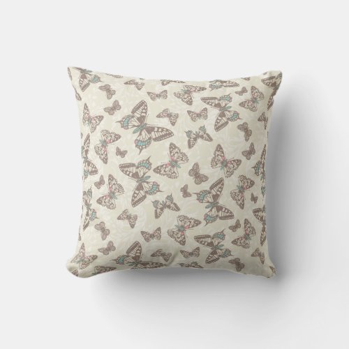 Brown cream butterflies damask pattern pillow