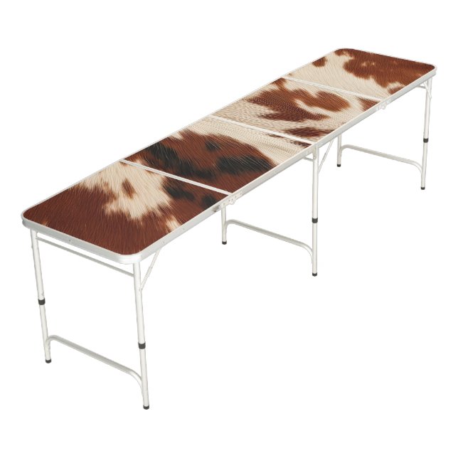 Brown Cream Cowgirl Cowboy Western Cowhide Beer Pong Table (Angled)