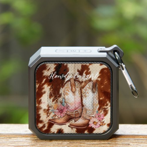 Brown Cream Cowhide Cowgirl Floral Boots Bluetooth Speaker