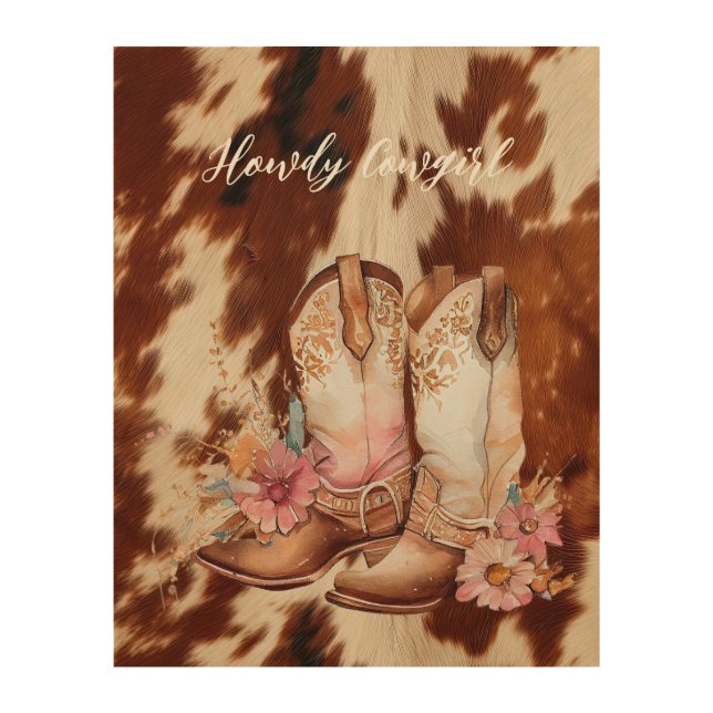Brown Cream Cowhide Cowgirl Floral Boots Wood Wall Art (Front)