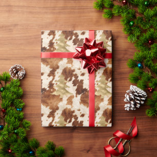 Brown Cream Cowhide Gold Confetti Christmas Tree Wrapping Paper