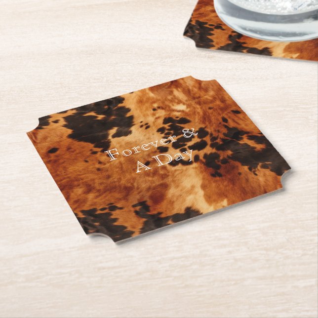 Brown Cream Cowhide Wedding Paper Coaster (Angled)