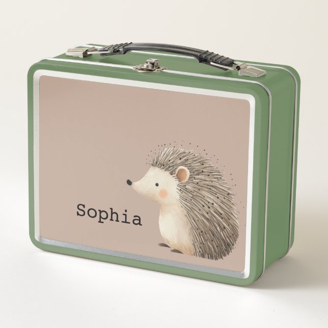 Brown Cream Cute Hedgehog Personalized Metal Lunch Box (Front)