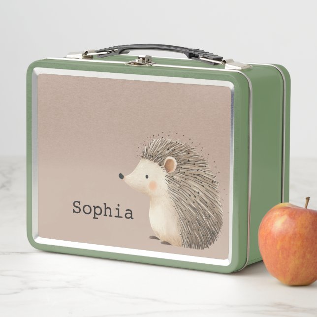 Brown Cream Cute Hedgehog Personalized Metal Lunch Box (In Situ)
