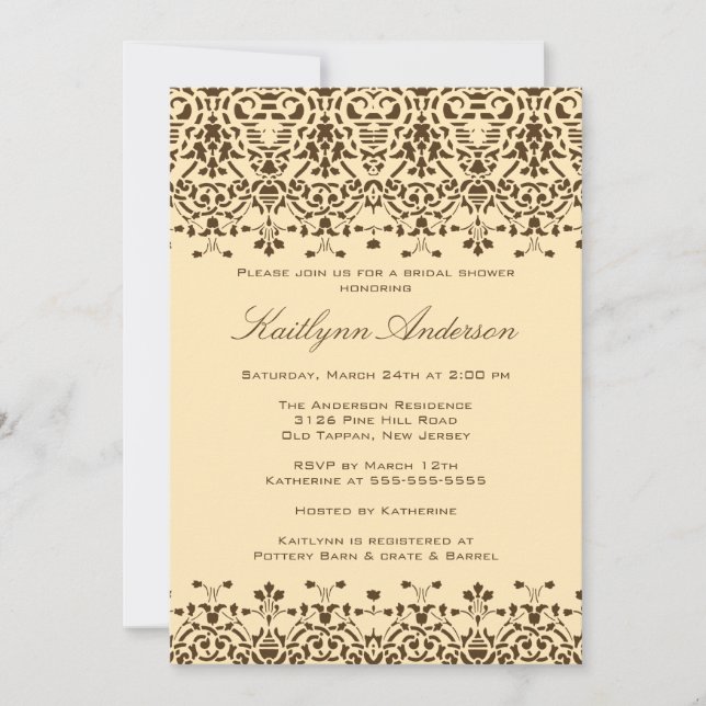 Brown & Cream Damask Bridal Shower Invitation (Front)