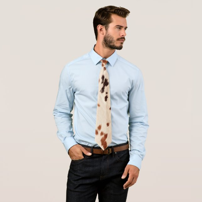 Brown Cream Faux Cow Print Neck Tie (In Situ)