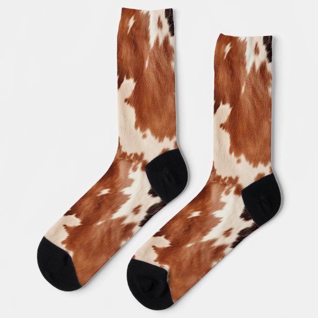 Brown Cream Faux Cow Print Socks (Left)