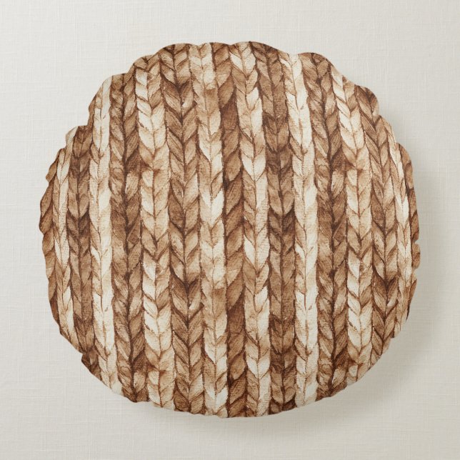 Brown Cream Faux Woven Stripes Round Pillow (Front)