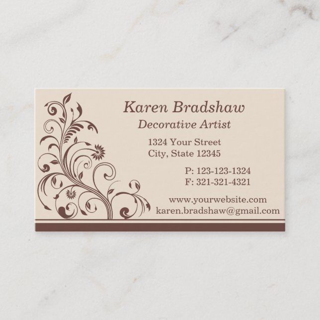 Brown & Cream Floral Curls Business Cards (Front)