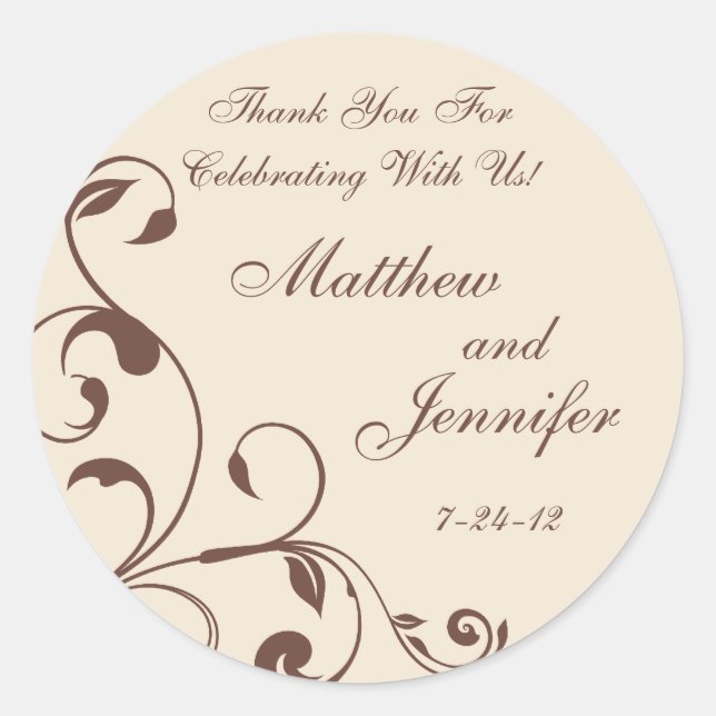 Brown & Cream Floral Curls Wedding Favor Labels (Front)