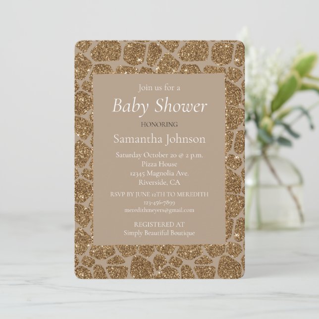 Brown Cream Giraffe Print Glitter Baby Shower   Invitation (Standing Front)