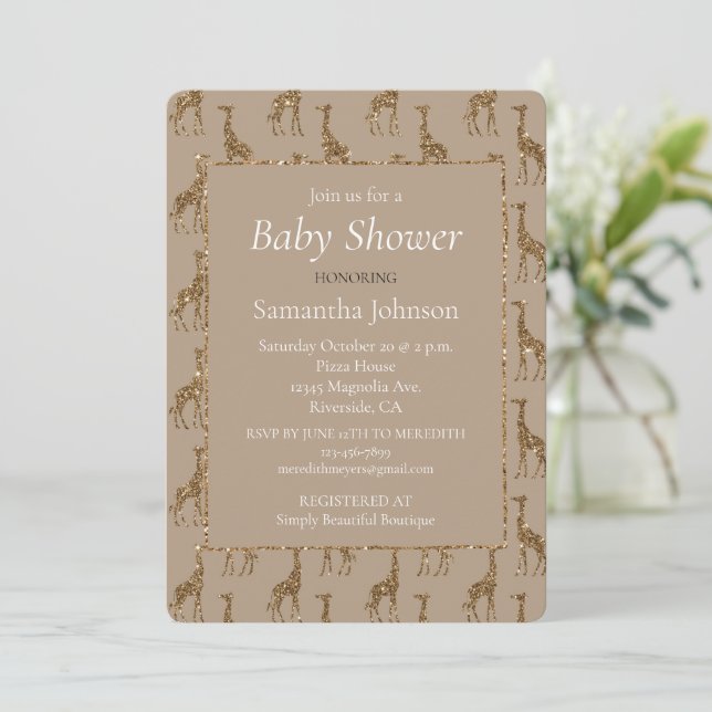 Brown Cream Giraffes Animal Glitter  Invitation (Standing Front)