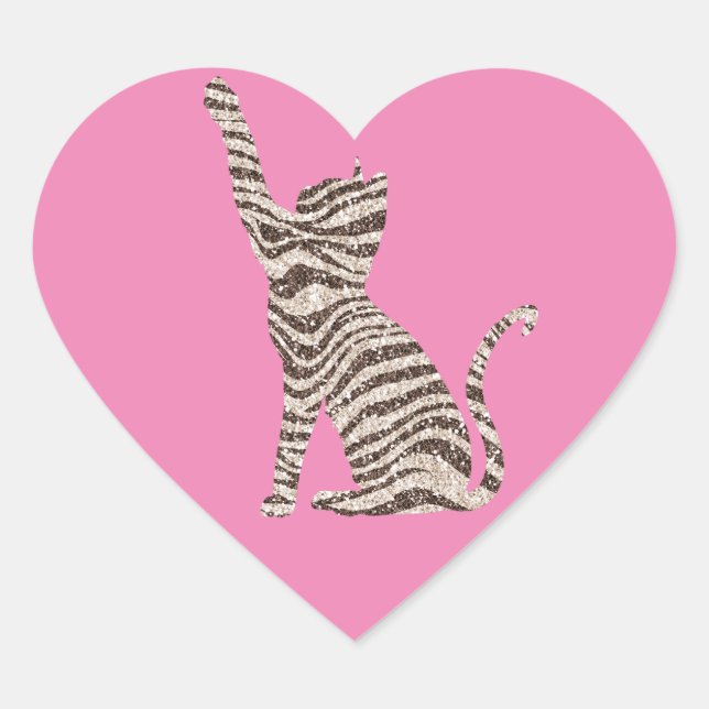 Brown Cream Glitter Stripes Cat Heart Sticker (Front)