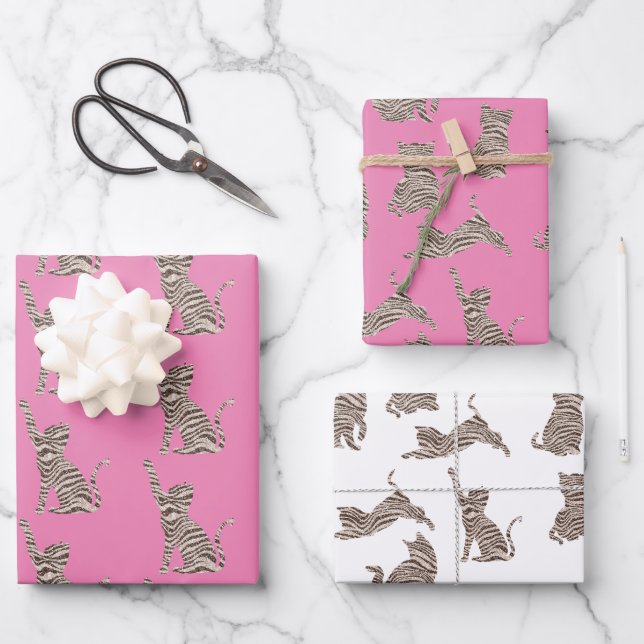 Brown Cream Glitter Stripes Cat Wrapping Paper Sheets (Front)