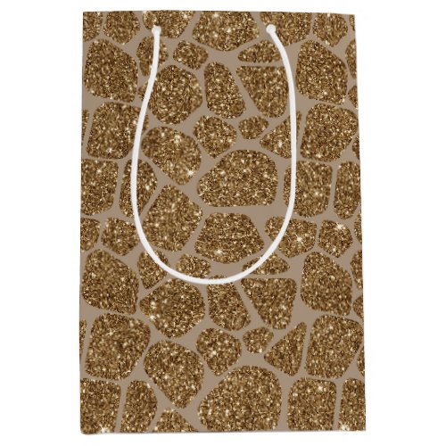 Brown Cream Gold Giraffe Print Glitter    Medium Gift Bag