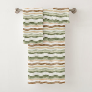 Brown Cream Green Stripes Bath Towel Set
