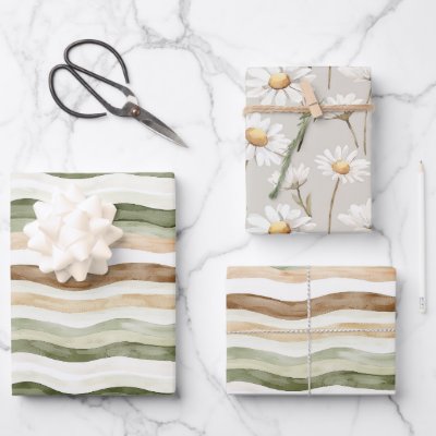 Brown Cream Green Stripes Daisies Birthday Wrapping Paper Sheets