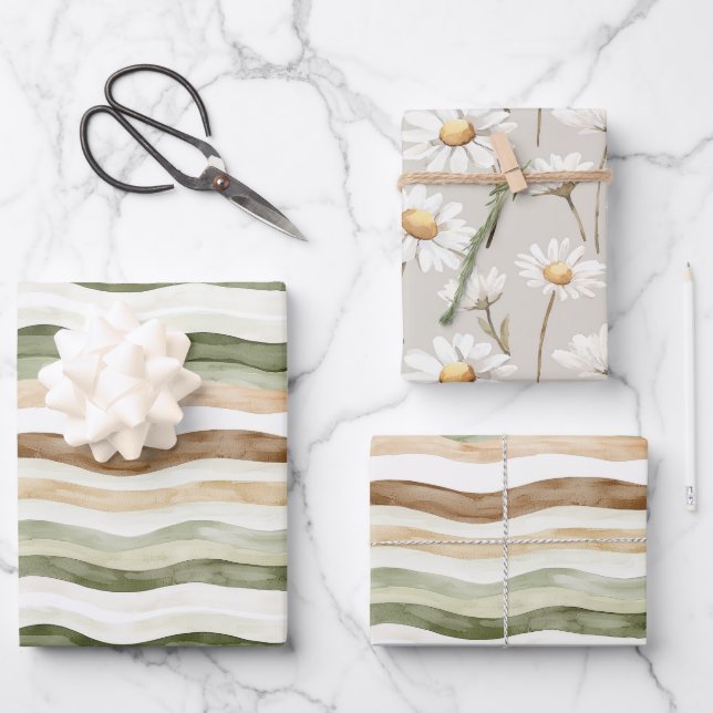 Brown Cream Green Stripes Daisies Birthday Wrapping Paper Sheets (Front)