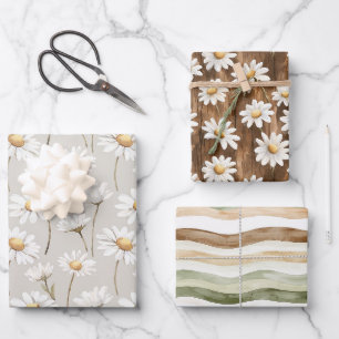 Brown Cream Green Stripes Daisy Floral Birthday Wrapping Paper Sheets