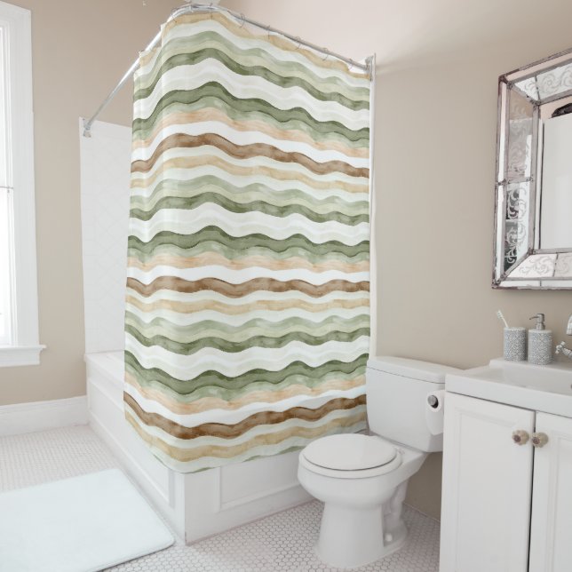 Brown Cream Green Stripes Shower Curtain (In Situ)