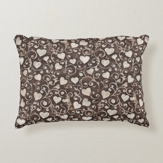 Brown Cream Hearts Accent Pillow (Front)