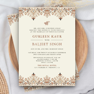 Brown Cream Ikat Anand Karaj Sikh Wedding Invitation