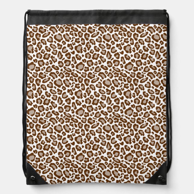 Brown Cream Leopard Animal Print Drawstring Bag (Front)