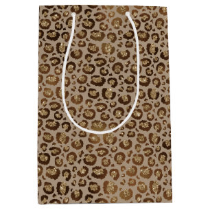 Brown Cream Leopard Animal Print Glitter   Medium Gift Bag
