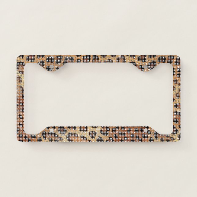 Brown Cream Leopard Animal Print Sparkle License Plate Frame (Front)
