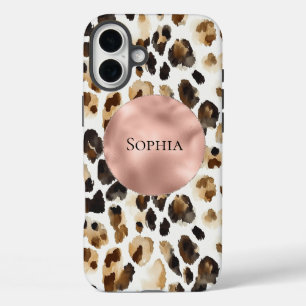 Brown Cream Leopard Animal Rose Gold Glam iPhone 16 Plus Case