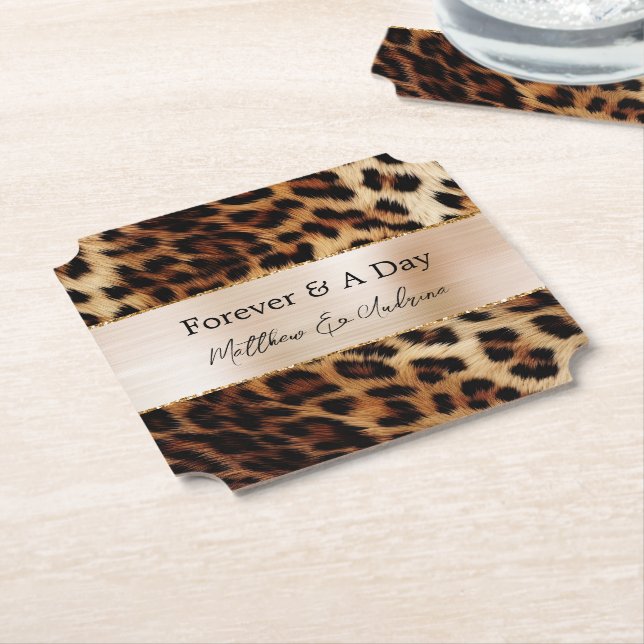 Brown Cream Leopard Animal Wedding Paper Coaster (Angled)