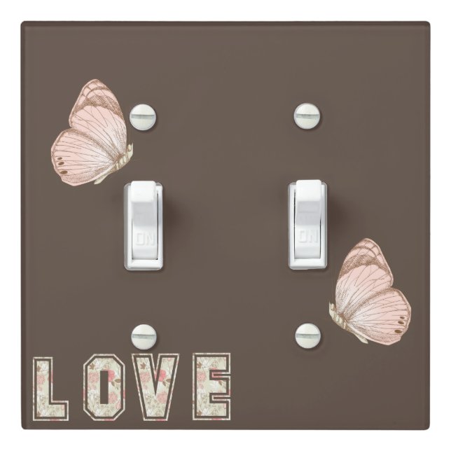 Brown Cream Pink Love Butterfly Floral Light Switch Cover (In Situ)
