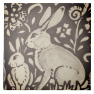 Brown Cream Rabbit Floral Foliage Woodland Decor Ceramic Tile
