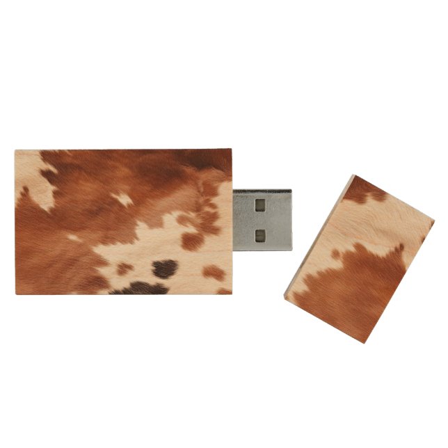Brown Cream Southwest Cowhide Christmas Wood Flash Drive (Opened)