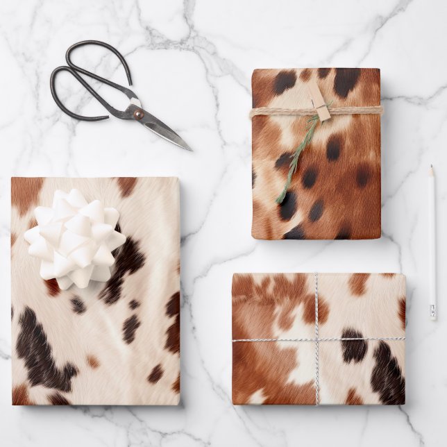 Brown Cream Southwest Cowhide Christmas Wrapping Paper Sheets (Front)