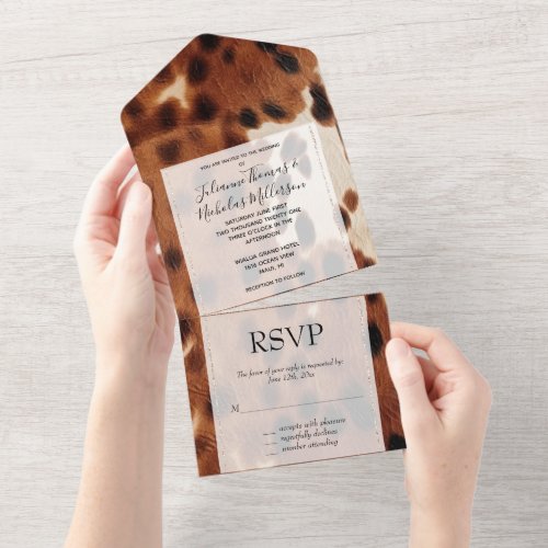 Brown Cream Southwest Cowhide Wedding All In One Invitation